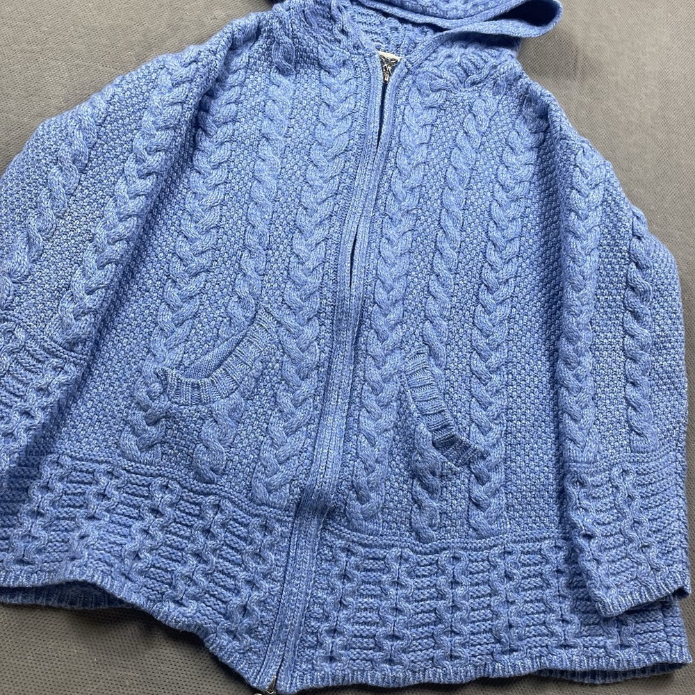 Aran Sweater Market Sweater Womens XXL Blue Cable Knit Full Zip Hooded 100% Wool - Picture 2 of 9